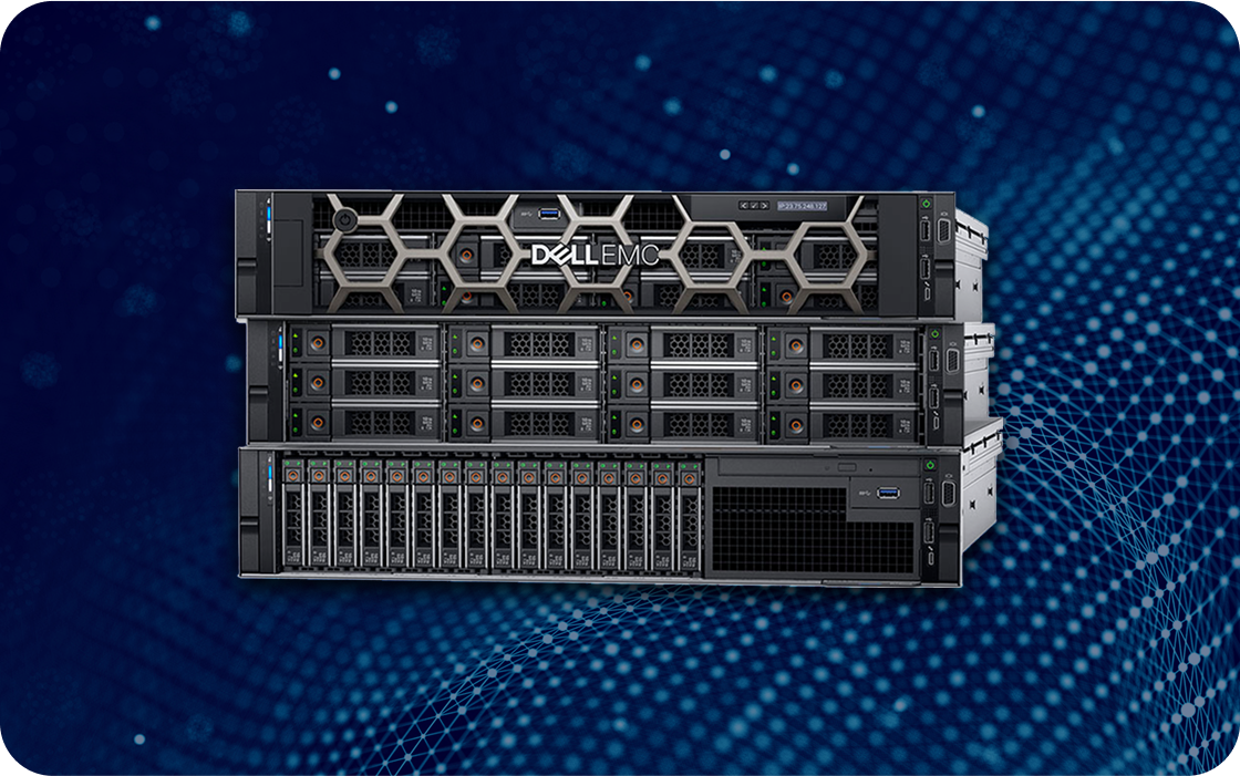 Servidor Dell EMC PowerEdge con múltiples bahías de discos duros sobre fondo azul digital con patrón de red hexagona